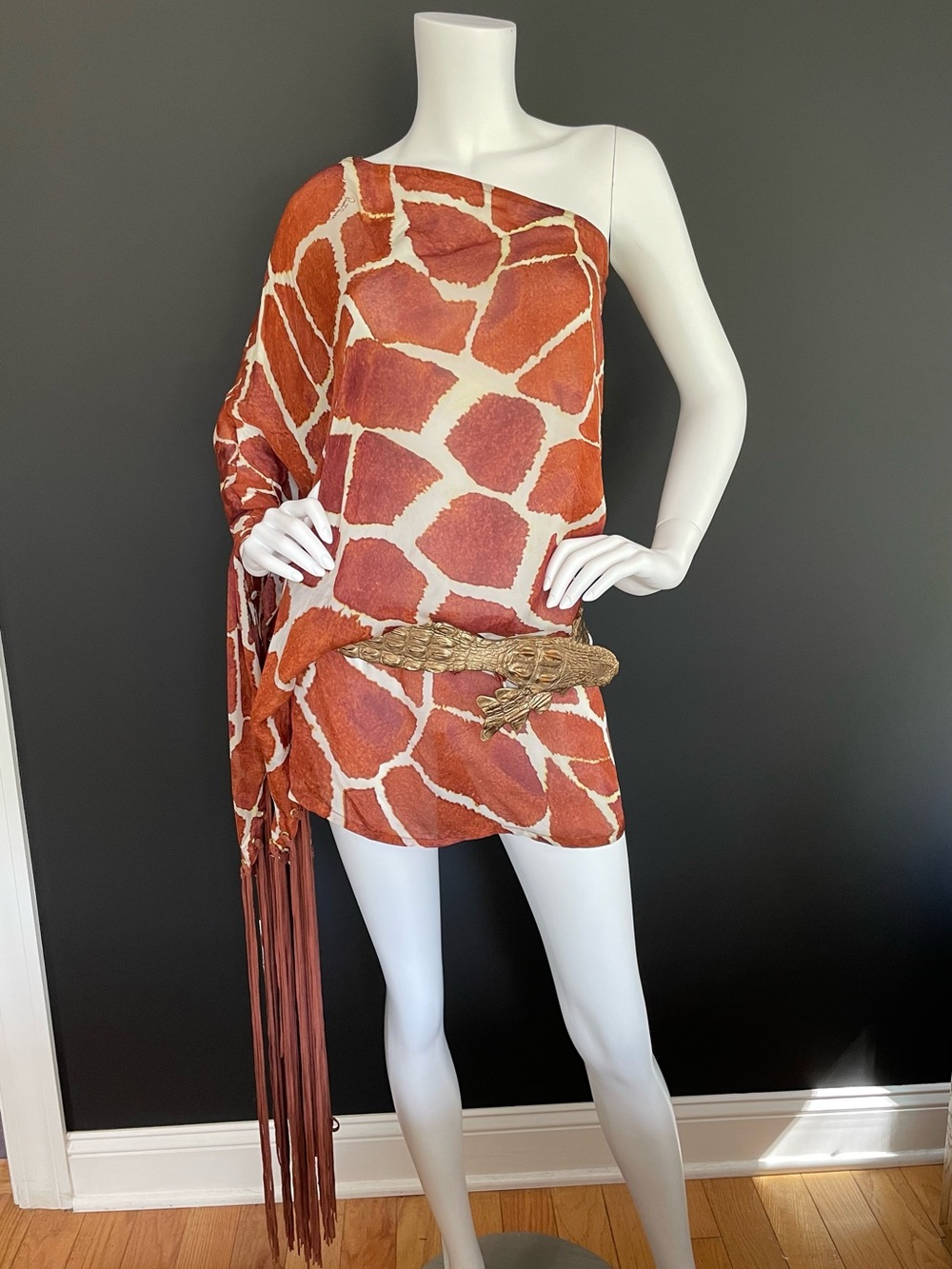 Roberto Cavalli S/S 2006 Vintage One Shoulder Giraffe Dress & Metallic Croc Belt - Picture 2 of 14
